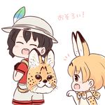  :d animal_backpack backpack bag bangs bare_shoulders batta_(ijigen_debris) black_gloves black_hair bow bowtie brown_eyes chibi closed_eyes commentary elbow_gloves eyebrows_visible_through_hair gloves grey_hat grey_shorts hand_up hat hat_feather helmet kaban_(kemono_friends) kemono_friends multiple_girls open_mouth orange_hair orange_neckwear paw_pose pith_helmet profile red_shirt round_teeth serval serval_(kemono_friends) shirt short_sleeves shorts sideways_mouth simple_background smile standing teeth translated upper_teeth white_background 