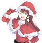  ;d brown_hair eliln hat kagari_atsuko little_witch_academia long_hair one_eye_closed open_mouth red_eyes santa_costume santa_hat simple_background smile solo 