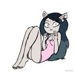  2017 anthro barefoot black_hair breasts butt cat claire_(the_summoning) cleavage clothed clothing digital_media_(artwork) feline female fur hair kt-draws long_hair looking_at_viewer lying mammal on_back open_mouth pajamas pose raised_hands simple_background slit_pupils solo startled the_summoning white_fur 