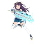  1girl blue_shorts full_body hairband holding holding_sword holding_weapon leg_up long_hair looking_at_viewer official_art print_shorts purple_hair red_eyes short_shorts shorts shoulder_cutout simple_background smile solo sword sword_art_online sword_art_online:_code_register thighhighs tied_hair weapon white_background white_legwear yuuki_(sao) 