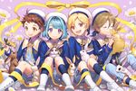  animal blonde_hair blue_hair boy_sandwich brown_eyes brown_hair bunny ensemble_stars! hat male_focus mashiro_tomoya multiple_boys nito_nazuna open_mouth purple_eyes rabbits_(ensemble_stars!) red_eyes sailor_hat sandwiched shino_hajime smile tenma_mitsuru yellow_eyes 