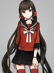  arm_at_side bangs black_hair black_sailor_collar black_skirt blunt_bangs bracelet buzz cowboy_shot danganronpa eyebrows_visible_through_hair grey_background hair_ornament hair_scrunchie hand_on_thigh harukawa_maki head_tilt jewelry long_hair long_sleeves looking_at_viewer low_twintails mole mole_under_eye new_danganronpa_v3 plaid plaid_skirt pleated_skirt red_eyes red_legwear red_scrunchie red_shirt sailor_collar school_uniform scrunchie serafuku shirt simple_background skirt sleeves_folded_up solo thighhighs twintails very_long_hair 