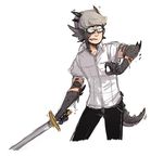  animal_humanoid claws clothed clothing confusion dragon eyewear gemskull glasses grey_hair grey_scales hair horn human humanoid male mammal megami_tensei melee_weapon persona scales simple_background sword teeth video_games weapon yu_narukami 