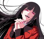  black_hair floating_hair head_tilt highres jabami_yumeko jacket jewelry kakegurui long_hair nail_polish naomura_tooru official_art open_mouth red_eyes red_jacket red_nails ring school_uniform shirt simple_background solo thumb_ring upper_body very_long_hair white_background white_shirt 