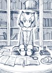  absurdres book bookmark bookshelf coat food greyscale highres japari_bun japari_symbol kemono_friends long_sleeves looking_at_viewer magnifying_glass monochrome multicolored_hair northern_white-faced_owl_(kemono_friends) open_book pot sitting smile solo uepon_(shimo_ponzu) wariza 