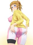  ass ass_grab bike_shorts blue_eyes breasts brown_hair cameltoe commentary_request covered_anus covered_nipples from_behind gundam gundam_build_fighters gundam_build_fighters_try hands_on_ass hoshino_fumina large_breasts looking_back ponytail shikuta_maru smile solo 
