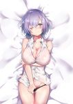  3; absurdres aritsuno bangs bare_arms bare_shoulders bed_sheet black_bra black_panties blue_hair blush bra breast_hold breasts buttons cleavage closed_mouth collarbone collared_shirt cowboy_shot cum cum_on_body cum_on_breasts cum_on_upper_body eyebrows_visible_through_hair fate/grand_order fate_(series) from_above gradient_hair hair_between_eyes highres large_breasts looking_at_viewer looking_up mash_kyrielight multicolored_hair panties panty_pull purple_eyes purple_hair see-through shiny shiny_hair shirt short_hair sleeveless sleeveless_shirt tareme thigh_gap thighs underwear white_shirt wing_collar 