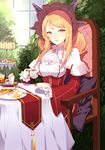  absurdres blonde_hair bonnet chair cup dress drill_hair highres holding holding_cup iiiroha long_hair plate red_dress red_eyes sitting smile solo table teacup tiered_tray warspite_(zhan_jian_shao_nyu) zhan_jian_shao_nyu 