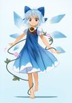  barefoot blue_background blue_bow blue_dress blue_eyes blue_hair blue_wings bow cirno dress flower frilled_sleeves frills full_body gradient gradient_background hair_bow highres ice ice_wings looking_at_viewer morning_glory puffy_short_sleeves puffy_sleeves short_hair short_sleeves smile solo suna_(s73d) sunflower tan tanned_cirno touhou walking wings 