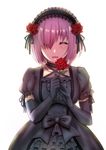  :d ^_^ ^o^ alternate_costume black_bow black_dress black_gloves blush bow breasts closed_eyes criss-cross_halter dress eburi_a elbow_gloves eyebrows_visible_through_hair facing_viewer fate/grand_order fate_(series) flower frilled_sleeves frills gloves hair_flower hair_ornament hair_over_one_eye hairband halterneck happy holding holding_flower lace lace-trimmed_sleeves lolita_fashion lolita_hairband mash_kyrielight medium_breasts open_mouth puffy_short_sleeves puffy_sleeves red_flower red_rose rose shiny shiny_hair short_hair short_sleeves simple_background smile solo upper_body white_background 
