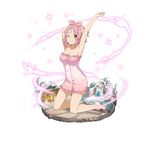  ;) arm_up armpits barefoot breasts cleavage collarbone faux_figurine floral_print frills full_body hair_ornament hairclip kneeling lisbeth looking_at_viewer medium_breasts naked_towel official_art one_eye_closed pink_hair pink_towel red_eyes simple_background smile solo sword_art_online sword_art_online:_code_register towel white_background 