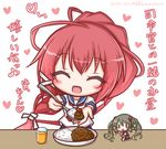  61cm_quintuple_(oxygen)_torpedo_mount ^_^ all_fours bangs blue_swimsuit closed_eyes cup curry curry_rice drink drinking_glass eyebrows_visible_through_hair facing_viewer fairy_(kantai_collection) feeding food hair_between_eyes hair_ribbon head_tilt heart holding holding_spoon i-168_(kantai_collection) kantai_collection komakoma_(magicaltale) light_brown_hair long_hair multiple_girls neckerchief one-piece_swimsuit pov_feeding red_hair red_neckwear ribbon rice school_uniform serafuku shirt short_sleeves spoon swimsuit swimsuit_under_clothes translated twintails very_long_hair white_background white_ribbon white_shirt ||_|| 