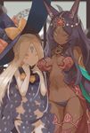  ;) abigail_williams_(fate/grand_order) animal_ears ass_visible_through_thighs bangs bikini_bottom black_bikini_bottom black_hat blonde_hair bow breasts commentary_request dark_skin fate/grand_order fate_(series) forehead gem green_eyes hand_on_another's_head hat hat_bow head_chain jewelry keyhole large_breasts long_hair looking_at_viewer multiple_girls navel one_eye_closed orange_bow orange_eyes parted_bangs polka_dot polka_dot_bow purple_hair queen_of_sheba_(fate/grand_order) revealing_clothes smile teke_(exploration) witch 