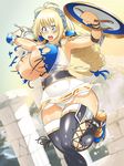  1girl blonde_hair blue_eyes breasts buta_(machineswine) long_hair nipples open_mouth panties shield skirt sophitia_alexandra soul_calibur soulcalibur_vi torn_clothes white_panties 