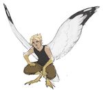  animal_humanoid avian black_feathers blonde_hair clothed clothing crouching facial_hair feathers gemskull goatee hair humanoid male mammal pants simple_background talons tan_skin white_feathers wings yellow_eyes yellow_skin 