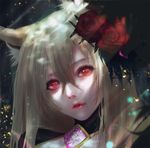  animal_ears artist_name bad_id bad_pixiv_id bangs blonde_hair brave_frontier closed_mouth commentary_request eyelashes flower hair_between_eyes hair_flower hair_ornament kyrie_meii long_hair pink_lips pixiv_username red_eyes red_flower red_rose rose solo upper_body watermark web_address witch 