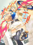  1girl blonde_hair blue_eyes breasts buta_(machineswine) long_hair nipples open_mouth panties shield skirt sophitia_alexandra soul_calibur soulcalibur_vi torn_clothes white_panties 