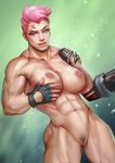  1girl abs areolae breasts fingerless_gloves gloves green_eyes large_breasts looking_at_viewer mismatched_gloves muscle muscular_female navel nipples nude overwatch pink_hair pubic_hair pussy scar scar_across_eye self_fondle short_hair solo tattoo uncensored watermark web_address ynorka_chiu zarya_(overwatch) 