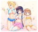  ;d alternate_breast_size arm_up bangs bare_legs bare_shoulders black_hair blend_s blonde_hair blue_eyes blush boyshorts breasts brown_hair closed_mouth collarbone commentary covered_navel double_bun flat_chest frilled_swimsuit frills front-tie_top green_scrunchie gym_shorts hair_bobbles hair_ornament hand_up highres hinata_kaho hoshikawa_mafuyu ichi_makoto kneeling large_breasts legs_together long_hair looking_at_viewer low_twintails midriff multiple_girls navel no_socks one-piece_swimsuit one_eye_closed open_mouth pink_skirt purple_eyes sakuranomiya_maika scrunchie see-through seiza shiny shiny_skin shoes short_hair short_shorts shorts sidelocks sitting skirt smile sneakers star starry_background swimsuit tareme teeth thighhighs thighs tsurime twintails underboob v very_long_hair white_footwear white_legwear wrist_scrunchie 