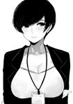  1girl alone arms_folded black_hair breasts cleavage commentary earrings female folded_arms highres large_breasts monochrome office_clothes office_lady original short_hair solo 