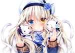  animal bicolored_eyes blonde_hair blush bow cat close hat long_hair nogi_takayoshi original ribbons scarf snow waifu2x 
