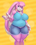  2017 4_fingers anthro belly big_breasts big_ears biped black_eyebrows blue_bottomwear blue_clothing blue_eyes blue_shirt blue_shorts blue_topwear breasts chest_tuft clothed clothing denim_shorts digital_media_(artwork) eyebrows female front_view fully_clothed fur gloves_(marking) hair huge_breasts lagomorph long_ears mammal markings multicolored_fur overweight overweight_female pattern_background pink_fur pink_hair pink_nose portrait rabbit shirt short_hair shorts shoulder_tuft simple_background slightly_chubby smile solo standing striped_background tank_top teckworks thick_thighs three-quarter_portrait tuft two_tone_fur voluptuous white_fur 