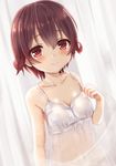  blush breasts brown_hair camisole collarbone curtains eyebrows_visible_through_hair gradient_hair jewelry kantai_collection multicolored_hair mutsuki_(kantai_collection) navel ootori_(kyoya-ohtori) red_hair ring short_hair small_breasts smile solo underwear upper_body wedding_band 