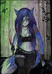  anthro belt blood bloodied blue_fur breasts canine choker cleavage clothed clothing collar dagger ear_piercing female fingerless_gloves fox fur gloves hair headband hi_res krystal kursed_(star_fox) long_hair looking_at_viewer mammal melee_weapon midriff nintendo piercing saoirsa star_fox video_games weapon white_fur 