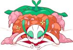  big_eyelashes butt female flora_fauna florges flower half-closed_eyes looking_at_viewer lying nintendo on_front plant pok&eacute;mon pok&eacute;mon_(species) red_eyes smile solo unknown_artist video_games 