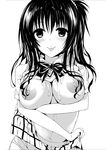  areolae breasts commentary_request greyscale highres large_areolae large_breasts long_hair monochrome nipples ponytail samucha short_sleeves solo to_love-ru to_love-ru_darkness tongue tongue_out yuuki_mikan 