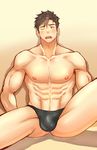  1boy abs bara blush bulge crotch male_focus muscle nipples nude open_mouth pecs sitting solo teeth topless white_rabbit_(artist) wink 