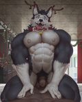  2017 5_fingers abs anthro anthro_on_anthro antlers areola balls barazoku biceps big_biceps big_muscles big_pecs black_nose blue_eyes brown_balls brown_penis brown_skin candle canine christmas claws collar decoration dog duo erection eyebrows front_view fur grey_claws grey_fur hand_on_stomach holidays horn humanoid_hands humanoid_penis inside kneeling looking_at_partner male male/male mammal multicolored_fur muscular muscular_male navel nipples nude open_mouth pecs penis pet pink_nipples pink_tongue pubes quads raccoon21 retracted_foreskin spread_legs spreading teeth tongue triceps uncut veiny_muscles white_fur window 