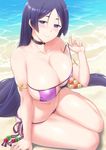  armlet bangs bare_shoulders beach beads bikini blush breasts choker cleavage collarbone commentary_request day eyepatch_bikini fate/grand_order fate_(series) hips huge_breasts long_hair looking_at_viewer low-tied_long_hair minamoto_no_raikou_(fate/grand_order) minamoto_no_raikou_(swimsuit_lancer)_(fate) navel outdoors parted_bangs purple_bikini purple_eyes purple_hair sama_samasa side-tie_bikini sitting smile solo strap_pull swimsuit thighs very_long_hair 