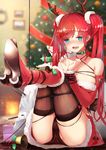  antlers ass azur_lane bdsm bell black_legwear black_panties blue_eyes blush bondage boots bound breasts cleavage commentary_request d: full-face_blush fur_trim highres isaka_wasabi large_breasts open_mouth panties red_footwear red_hair reindeer_antlers sack san_diego_(azur_lane) santa_costume thighhighs thighs twintails underwear 