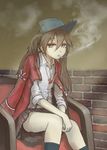  armchair black_legwear brown_eyes brown_hair chair cigarette eyebrows eyebrows_visible_through_hair hair_between_eyes highres japanese_clothes jewelry kantai_collection kariginu kneehighs long_hair looking_at_viewer magatama necklace nito_(nshtntr) ryuujou_(kantai_collection) shirt simple_background sitting sleeves_rolled_up smoke smoking solo twintails visor_cap 