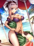  armpits bad_anatomy beach beach_umbrella bikini blue_eyes blurry breasts cleavage collarbone day depth_of_field fate/grand_order fate_(series) food fringe_trim fruit highres hips horizon katana large_breasts lemon looking_at_viewer mallizmora miyamoto_musashi_(fate/grand_order) navel ocean outdoors ponytail smile solo swimsuit sword teeth umbrella watermelon weapon wet wet_clothes wet_swimsuit 