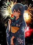  aerial_fireworks asymmetrical_hair bangs blue_hair blue_kimono blush candy_apple commentary_request eyebrows_visible_through_hair festival fireworks floral_print food hair_between_eyes hair_bun holding japanese_clothes kimono long_hair looking_at_viewer love_live! love_live!_school_idol_project obi one_side_up purin_(purin0) sash side_bun sonoda_umi twitter_username wide_sleeves yellow_eyes yukata 