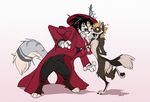  &lt;3 2017 alucard_(hellsing) black_hair blonde_hair brown_fur butt canine chest_tuft clothed clothing denu duo ear_tuft eyewear feline fluffy fluffy_tail fully_clothed fur glasses gloves grey_fur hair kissing male mammal necktie nude open_mouth raised_leg red_eyes silverdeni simple_background tuft vampire white_background white_fur wolf 