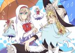  alice_margatroid apron aqua_eyes blonde_hair blue_eyes bow braid capelet doll hair_bow hair_ribbon hat hood kirisame_marisa long_hair looking_at_viewer multiple_girls neck_ribbon open_mouth ribbon shanghai_doll short_hair smile touhou umbrella witch_hat yellow_eyes yuuta_(monochrome) |_| 