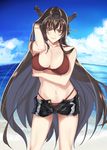  bangs beach bikini blush breasts brown_bikini brown_eyes brown_hair cleavage closed_mouth commentary_request cowboy_shot day error fisheye hair_between_eyes hand_in_hair highres kabocha_(monkey4) kantai_collection large_breasts long_hair looking_at_viewer nagato_(kantai_collection) navel ocean open_fly outdoors short_shorts shorts smile solo swimsuit thighs very_long_hair 