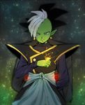  back-to-back back_turned black_hair dragon_ball dragon_ball_super earrings egyptian_clothes gokuu_black green_skin grey_eyes jewelry long_sleeves looking_down male_focus mohawk multiple_boys official_style out_of_frame petagon pointy_ears ring smile spiked_hair star starry_background white_hair zamasu 