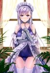  3: alternate_costume arm_guards ass_visible_through_thighs azur_lane backlighting bangs bare_shoulders belfast_(azur_lane) black_dress blue_swimsuit blurry blush braid breasts chain collar collarbone curtains depth_of_field dress dress_lift eyebrows_visible_through_hair french_braid frilled_dress frills gloves hand_on_own_chest indoors kotatsu_(kotatsu358) large_breasts lifted_by_self light_frown long_hair long_sleeves looking_at_viewer maid_headdress nose_blush off_shoulder old_school_swimsuit one-piece_swimsuit purple_eyes school_swimsuit shiny shiny_hair silver_hair skindentation solo standing swimsuit swimsuit_under_clothes thigh_gap thighhighs white_gloves white_legwear window 