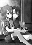  asymmetrical_bangs bangs bed blush closed_mouth collarbone collared_shirt commentary controller eyebrows_visible_through_hair game_controller greyscale hair_between_eyes hair_ribbon head_tilt highres holding itaro koori_chikage looking_at_viewer monochrome multiple_girls neck_ribbon nogi_wakaba_wa_yuusha_de_aru on_floor open_clothes open_shirt playing_games pleated_skirt ribbon school_uniform shirt short_sleeves shorts side_ponytail skirt takashima_yuuna yuri yuusha_de_aru 