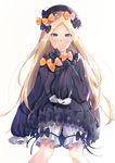  abigail_williams_(fate/grand_order) absurdres atora bad_id bad_pixiv_id bangs black_bow black_dress black_hat blonde_hair blue_eyes blush bow bug butterfly closed_mouth commentary_request dress eyebrows_visible_through_hair fate/grand_order fate_(series) forehead hair_bow hat highres insect long_hair long_sleeves looking_at_viewer orange_bow parted_bangs polka_dot polka_dot_bow simple_background sleeves_past_fingers sleeves_past_wrists smile solo very_long_hair white_background 