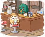  bad_source bird cash_register coffee_pot company_connection crossover cup door doubutsu_no_mori drinking gen_7_pokemon glasses harukazu master_(doubutsu_no_mori) nintendo no_humans opaque_glasses pokemon pokemon_(creature) round_eyewear rowlet sitting stool 