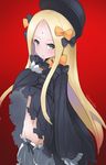  abigail_williams_(fate/grand_order) bangs black_bow black_dress black_hat blonde_hair bloomers blue_eyes bow bug butterfly closed_mouth commentary_request dress dress_lift eyebrows_visible_through_hair fate/grand_order fate_(series) forehead groin hair_bow hat insect lifted_by_self long_hair long_sleeves looking_at_viewer naik navel orange_bow parted_bangs polka_dot polka_dot_bow red_background sleeves_past_wrists solo sweat twitter_username underwear v-shaped_eyebrows very_long_hair wavy_mouth white_bloomers 
