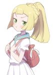  backpack bag blonde_hair commentary frown gazacy_(dai) green_eyes highres lillie_(pokemon) pokemon pokemon_(game) pokemon_sm ponytail pout short_sleeves skirt white_background 