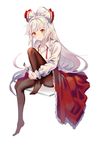  adapted_costume bad_id bad_twitter_id bangs black_legwear bow cheong_ha collared_shirt fujiwara_no_mokou full_body hair_bow highres jpeg_artifacts knee_up long_hair long_sleeves looking_at_viewer no_shoes orange_eyes pantyhose ponytail red_skirt shirt simple_background sitting skirt smile solo touhou very_long_hair white_background white_bow white_hair white_shirt wing_collar 