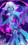  abstract_background alternate_costume artist_name blue_eyes blue_gloves blue_sclera blue_skin breasts closed_mouth cowboy_shot earrings fingernails gloves hologram jewelry lips long_fingernails looking_at_viewer medium_breasts nose overwatch purple_lips rime_sombra sharp_fingernails short_hair signature slit_pupils smile snowflakes solo sombra_(overwatch) white_hair winter yokava 