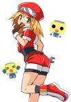  :d alice360 ass bike_shorts blonde_hair blush brown_gloves cabbie_hat crop_top gloves green_eyes hat highres long_hair looking_at_viewer looking_back open_mouth red_shorts rockman rockman_dash roll_caskett shoes short_shorts shorts shorts_under_shorts smile solo v 
